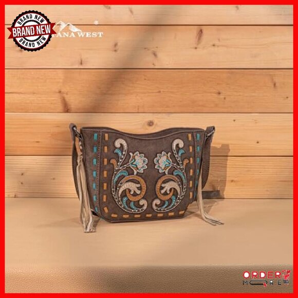 Western Embroidered Crossbody Bag with Tassels, 10x6x3 Inches - Picture 4 of 7